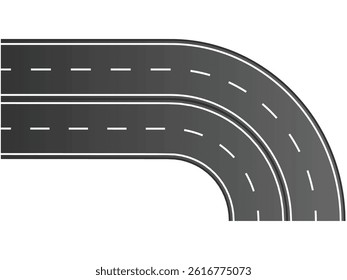 Flat vector illustration isolated on white background of wavy road with winding curves and horizontal path. Top view of race track and highway.