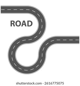 Flat vector illustration isolated on white background of wavy road with winding curves and horizontal path. Top view of race track and highway.