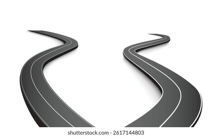 Flat vector illustration isolated on white background of wavy road with winding curves and horizontal path. Top view of race track and highway.