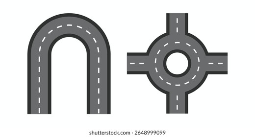 Flat vector illustration isolated on white background of wavy road with winding curves and horizontal path. Top view of race track and highway.