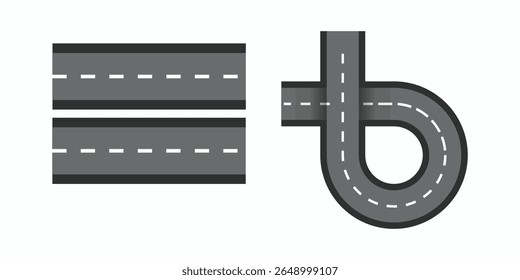 Flat vector illustration isolated on white background of wavy road with winding curves and horizontal path. Top view of race track and highway.