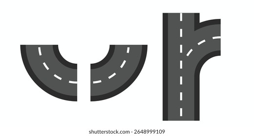 Flat vector illustration isolated on white background of wavy road with winding curves and horizontal path. Top view of race track and highway.
