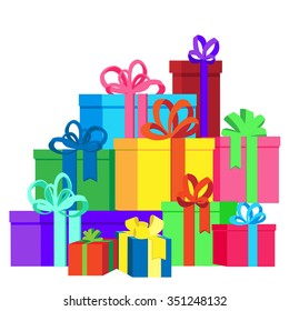 Flat vector illustration isolated on white background with presents and gift boxes for Christmas holidays or Birthday.2017. New Year and Christmas presents illustration. Isolated gifts.
