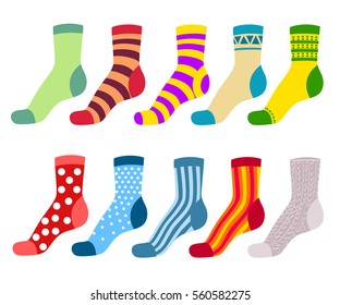 Flat vector illustration isolated on white background. Set of socks in a different pattern