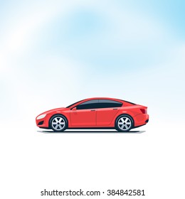 Flat vector illustration of an isolated vector red car side view in cartoon style. Decent sky in the background.