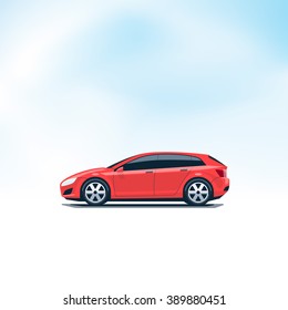 Flat vector illustration of an isolated vector red car hatchback. Side view in cartoon style. Decent sky in the background.