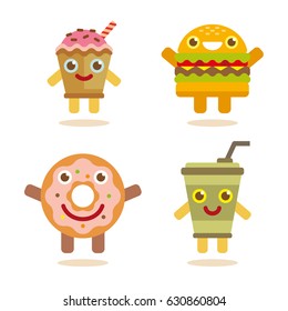 flat vector illustration isolated set burger ice cream donuts cocktail coffee flat vector illustration food and drink summer picnic menu hamburger McDonald fast food restaurant cafe menu cheeseburger
