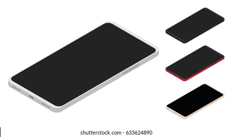 Flat vector illustration of isometric phone. Set of isometric smartphones. Vector colorful smartphone for mockup and concept - gold, white, black, red. 