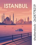 Flat vector illustration of Istanbul skyline at sunset. Features iconic landmarks such as the Blue Mosque, Hagia Sophia, Galata Tower, and Bosphorus Bridge. Postcard illustration. Turkey.
