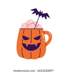 Flat vector illustration of Jack O’Lantern mug with marshmallows and bat sign. Halloween drink for sticker, print, or scrapbooking. Cartoon drawing of party cocktail cup isolated on white background.