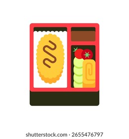 Flat Vector Illustration of Japanese Bento Box with Tonkatsu, Rice, Tamagoyaki, and Fresh Vegetables on White