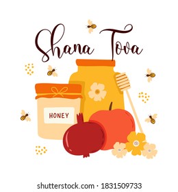 Flat vector illustration The Jewish New Year Holiday. Shana Tova. Vector Rosh Hashanah Greeting Card. Pomegranate fruit, Apple, honey jar, flowers and bees