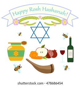 Flat vector illustration for Jewish New Year holiday Rosh Hashanah, Shana Tova.