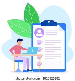 Flat vector illustration. Job interview. Employee evaluations, appraisal forms and reports, performance review concepts.