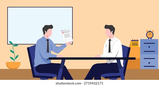 Flat vector illustration of a job interview process showing a manager reviewing a candidate's resume in a modern office with professional business environment details.