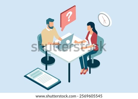 Flat vector illustration of a job interview. Candidate answers questions from a hiring manager. Concept of career development and professional growth.