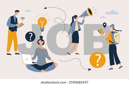 Flat vector illustration, job search, recruitment, workgroup, freelance, web graphic design. 