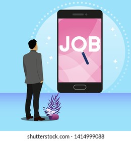Flat vector illustration of job searching concept art. Modern vector illustration of a man in suit staring a large mobile screen displaying the word, Job. Online job searching poster design.