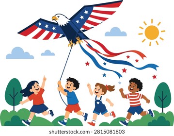 Flat vector illustration of joyful children flying a large bald eagle shaped kite with flowing red, white, and blue ribbons in a sunny park. Features a cheerful patriotic outdoor scene with kids running, clouds, rolling hills, and bright sunshine.