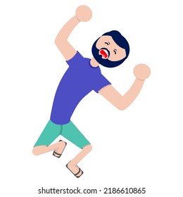 flat vector illustration. joyful man in a blue t-shirt and green shorts in flight 20-30 years old. for book, covers. svg