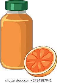 A flat vector illustration of a juice bottle beside a sliced orange on white background