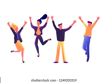 Flat vector illustration of jumping happy people on white.