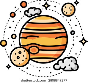 Flat Vector Illustration of Jupiter Planet with Moons and Stars