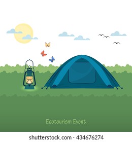 Flat vector illustration with kerosene lantern and tent in the meadow.