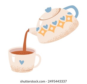 Flat vector illustration of a kettle pouring tea into a mug. Cozy and comforting scene is perfect for kitchen and morning-themed projects.