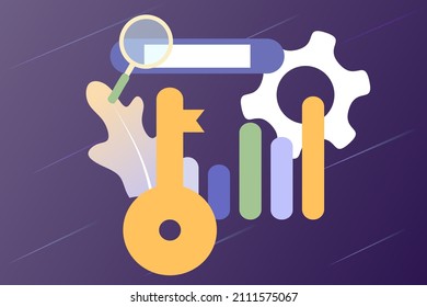 Flache Vektorgrafik der Keyword-Forschung, Keyword-Ranking-Optimierung auf Suchmaschinen, Suchmaschinenoptimierung, SEO-Keyword-Prozess, Website-Keyword-Analyse. Design für Webvorlagen, App.