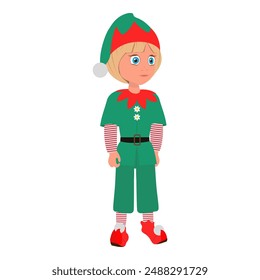 Flat Vector Illustration of Kid Boy Wearing Christmas Elf Costume, Cartoon Character Set For Animation, Various Views, Poses and Gestures. Item 3