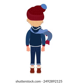 Ilustración vectorial plana de niño que lleva la ropa de invierno, conjunto de personajes de dibujos animados para la animación, varias vistas, posturas y gestos. Tema 1