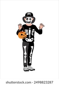 Flat Vector Illustration of Kid Boy Wearing a sceleton Halloween Costume on white background. CartoonVector illustration