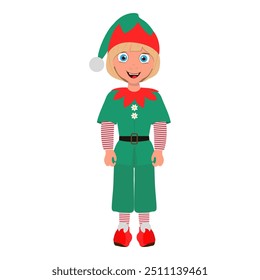 Flat Vector Illustration of Kid Boy Wearing Christmas Elf Costume, Cartoon Character Set For Animation, Various Views, Poses and Gestures. Item 1