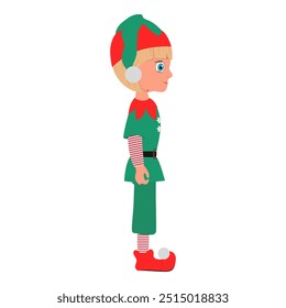 Flat Vector Illustration of Kid Boy Wearing Christmas Elf Costume, Cartoon Character Set For Animation, Various Views, Poses and Gestures. Item 2