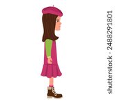 Flat Vector Illustration of Kid Girl in Red Dress and Beret, Cartoon Character Set For Animation, Various Views, Poses and Gestures. Item 2