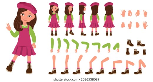 Flat Vector Illustration of Kid Girl in Red Dress and Beret, Cartoon Character Set For Animation, Various Views, Poses and Gestures