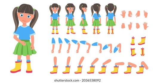 Flat Vector Illustration of Kid Girl Cartoon Character Set For Animation, Various Views, Poses and Gestures