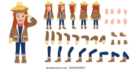 Flat Vector Illustration of Kid Girl Wearing Winter Clothes, Cartoon Character Set For Animation, Various Views, Poses and Gestures