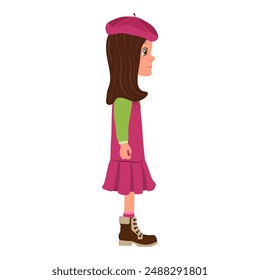 Flat Vector Illustration of Kid Girl in Red Dress and Beret, Cartoon Character Set For Animation, Various Views, Poses and Gestures. Item 2