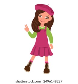 Flat Vector Illustration of Kid Girl in Red Dress and Beret, Cartoon Character Set For Animation, Various Views, Poses and Gestures. Item 5