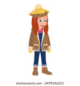 Flat Vector Illustration of Kid Girl Wearing Winter Clothes, Cartoon Character Set For Animation, Various Views, Poses and Gestures. Item 3