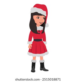 Flat Vector Illustration of Kid Girl Wearing Santa Costume, Cartoon Character Set For Animation, Various Views, Poses and Gestures. Item 2