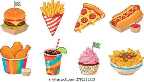 Flat vector illustration of kid-friendly fast food set including burger, fries, pizza, hot dog, chicken strips, soda, cupcake, and nachos.eps
