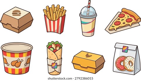 Flat vector illustration of kid-friendly fast food set including burger box, fries, milkshake, pizza slice, fried chicken bucket, wrap, chicken box, and donuts bag.eps
