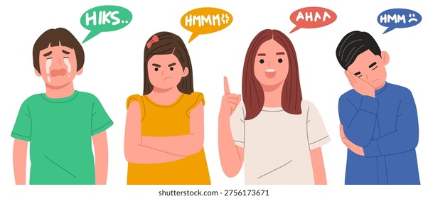 Flat vector illustration of kids expressing emotions with speech bubbles. Characters show sadness, anger, thinking, realization, and confusion with texts like “HIKS”, “HMMM”, and “AHA”. Modern minimal style with bright colors, perfect for education, emotional learning, UI design, stickers, and social media content.
