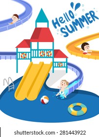 Flat vector illustration of kids going down the slide in the swimming pool with playground 
during summer vacation. Suitable for summer and seasonal design. Lettering Hello Summer. 