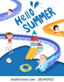 Flat vector illustration of kids going down the slide in the swimming pool with playground 
during summer vacation. Suitable for summer and seasonal design. Lettering Hello Summer. 