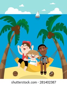 Flat vector illustration of kids playing in the hammock which are slung under palm trees on the beach. For summer vacation.
