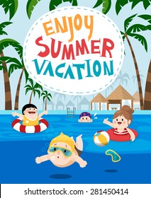 Flat vector illustration of kids swimming in a resort for summer vacation.
Palm tree on the edge of the frame and letters of Enjoy summer vacation centered.
 Resort facilities on the background 